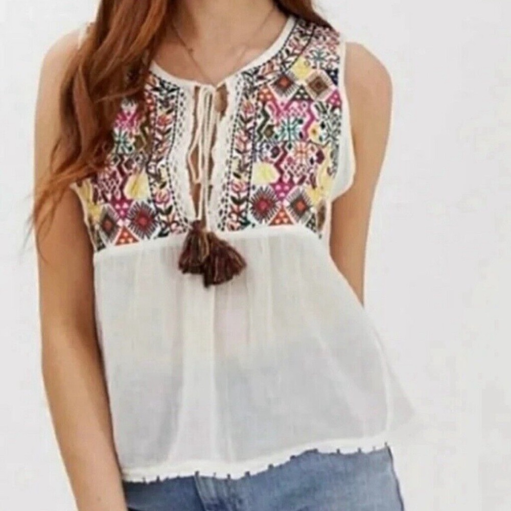 Free People Multicolor Embroidered crochet Crop Lohri SP top